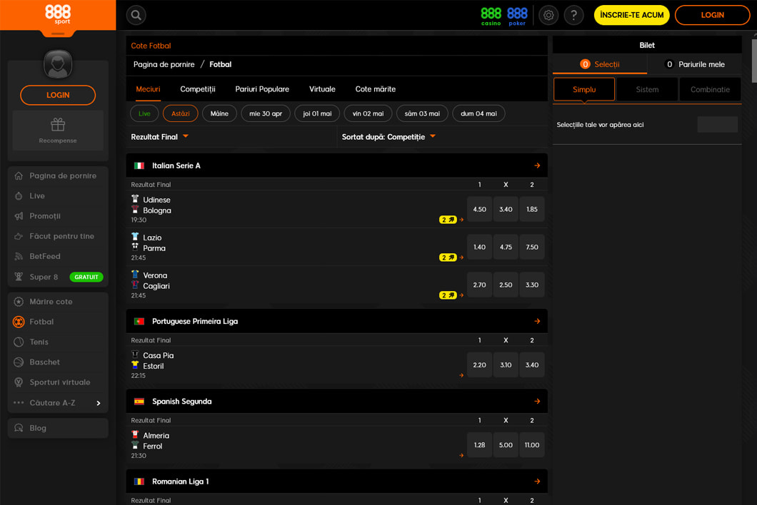 Oferta de pariuri sportive propusă de 888sport.