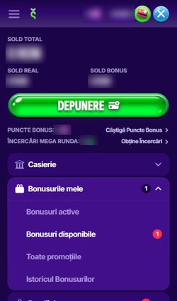 Meniul contului Swiper, cu secțiunea Bonusurile mele și bonusurile disponibile