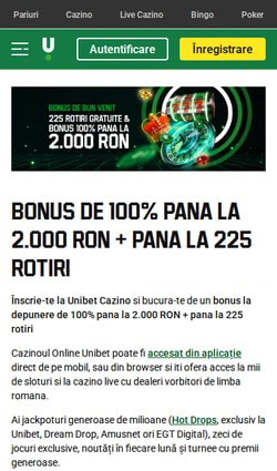 Pagina bonusului de bun venit Unibet Casino pe mobil