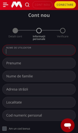Al doilea pas de înregistrare în care se completează datele personale și adresa