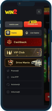 Meniul aplicației Win2 pe Android, cu secțiunile Cashback, VIP Club și Live RTP