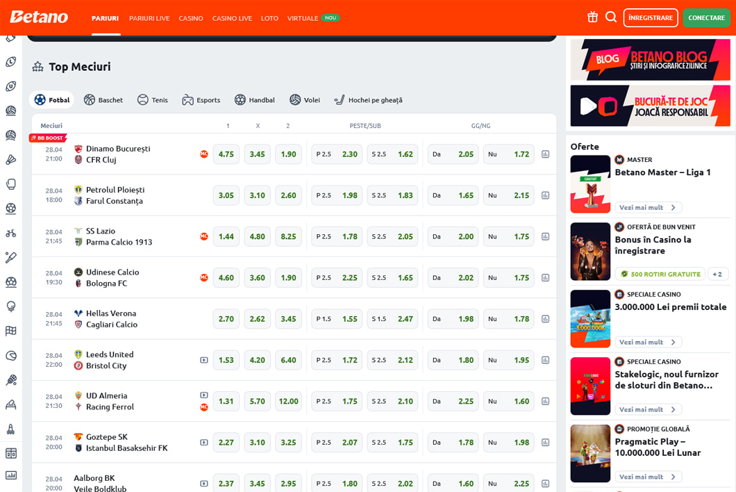 Oferta de pariuri sportive propusă de Betano.