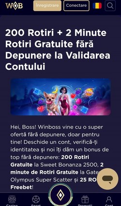 Pagina bonusului fără depunere WinBoss Casino pe mobil