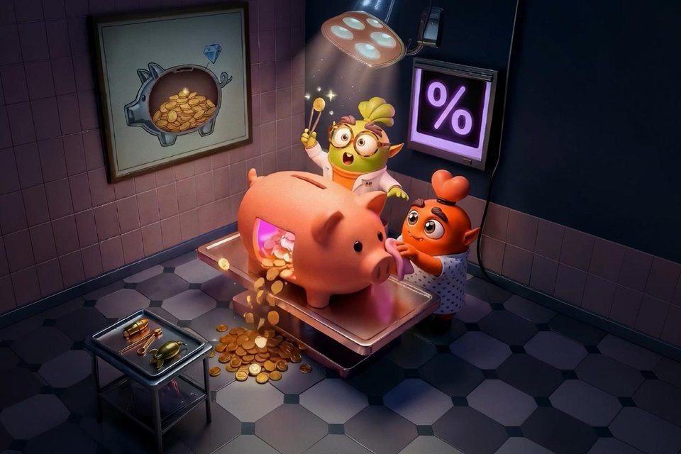 Pușculiță din care curg monede, lângă un semn de procent, imagine pentru cashback-ul de la mesele live Swiper