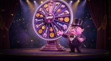 Roată de premii cu butonul Spin, pe o scenă cu cortine, imagine pentru Mega Runda de la Swiper