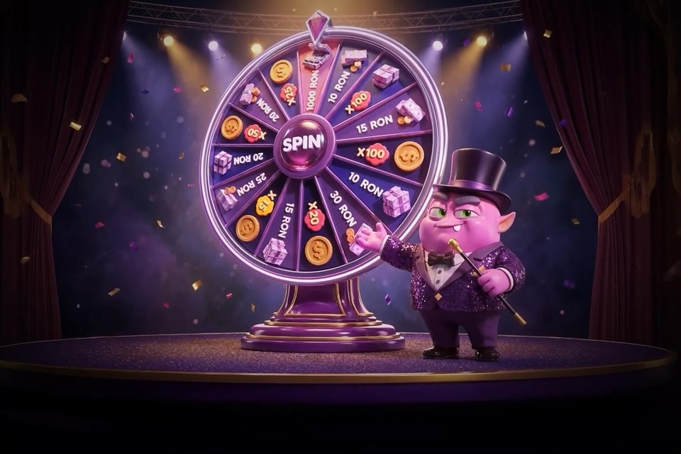 Roată de premii cu butonul Spin, pe o scenă cu cortine, imagine pentru Mega Runda de la Swiper