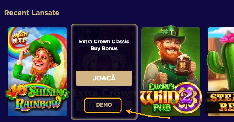 Butonul demo afișat peste imaginea unui slot în lobby-ul unui cazinou online