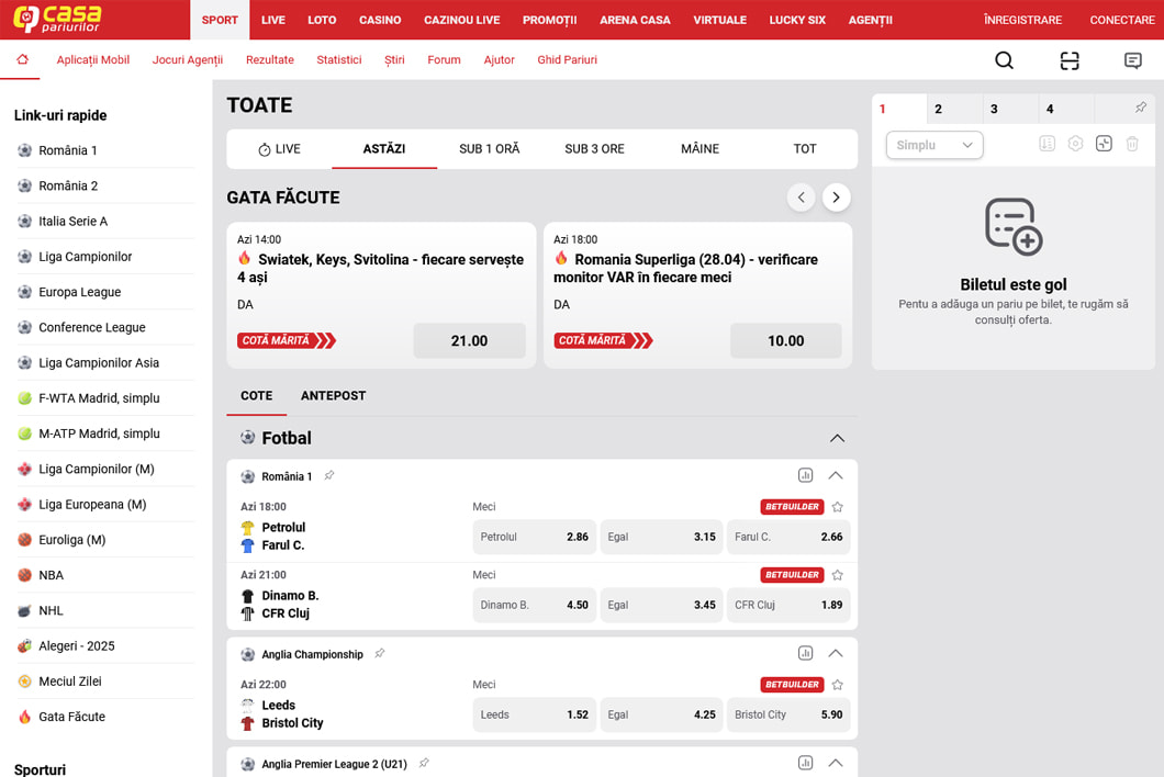 Oferta de pariuri sportive propusă de Casa Pariurilor.