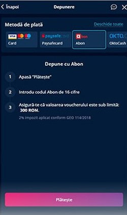 Metoda de plată Abon selectată în casieria unui cazinou online