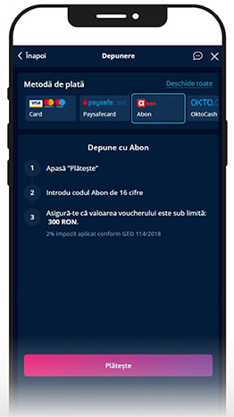 Metoda de plată Abon selectată în casieria unui cazinou online.