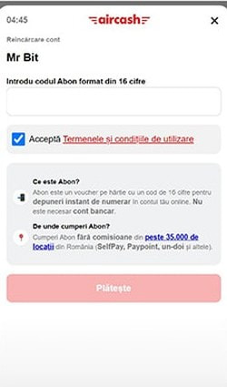 Câmpul în care introduci codul de 16 cifre de pe voucherul Abon