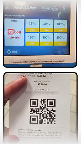 O stație de plată Abon și un voucher unic cu o valoare de 25 RON.