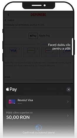 Autorizarea unei plăți la cazinou prin aplicația Apple Pay.