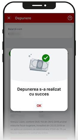 Mesajul care confirmă realizarea cu succes a unei depuneri la un cazinou online.