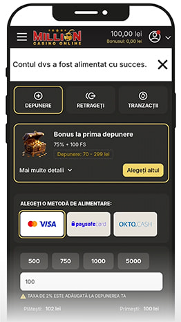 Mesajul care confirmă alimentarea cu succes a unui cont de cazinou online.