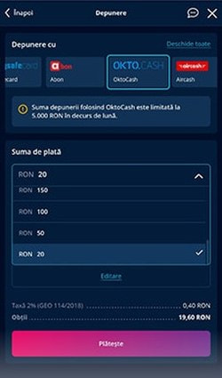 Alege Okto.Cash pentru depunere