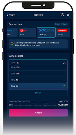 Metoda de plată Okto.Cash selectată în casieria unui cazinou online.