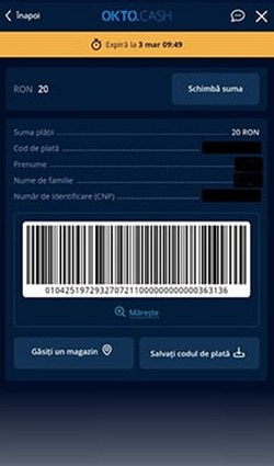 Se generează codul de plată Okto.Cash