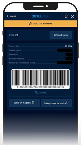 Codul unic de plată generat de cazinou la introducerea sumei dorite.