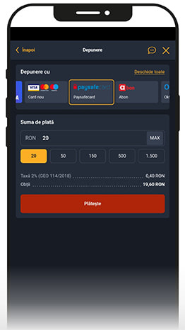 Depunerea a 20 RON cu PaysafeCard la Frank Casino.