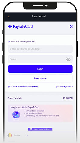Cerința de autentificare în contul PaysafeCard.