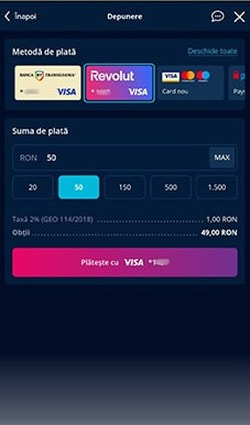 Alege cardul Revolut și suma de plată