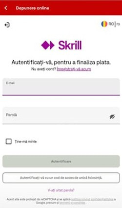 Pagina Skrill unde confirmi plata cu emailul și parola