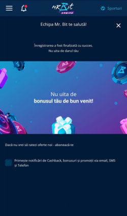 Confirmarea înregistrării la Mr Bit Casino