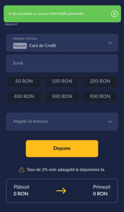 Mesaj de confirmare cu datele actualizate și opțiunile de plată disponibile la depunere.