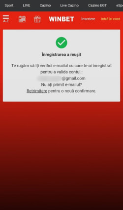 Confirmarea înregistrării la Winbet Casino