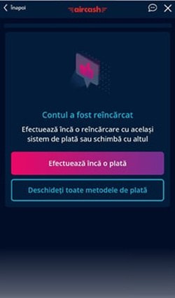 Mesajul Aircash care confirmă reîncărcarea contului de joc