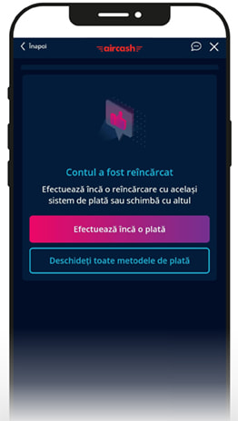 Mesajul care care se confirmă succesul depunerii cu Aircash la cazinou.