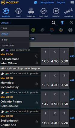 Oferta de pariuri sportive pe astăzi la Mozzart Casino.