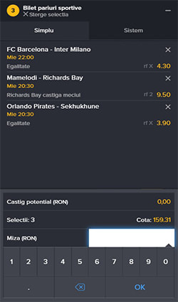 Un bilet simplu cu miza de 10 RON la Mozzart.