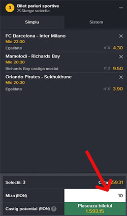 Câștig potențial de 74,98 RON pentru un bilet cu miza de 10 RON la Mozzart.