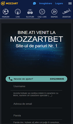 Formular de înregistrare la casa de pariuri online Mozzart.