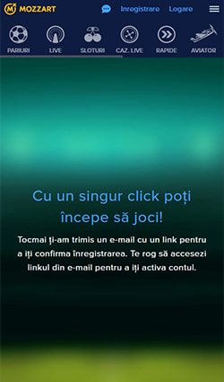 Confirmarea trimiterii mailului de activare a contului la Mozzart.