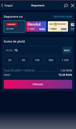 Depunere de 75 RON cu Aircash, din care se rețin 1,50 RON taxă