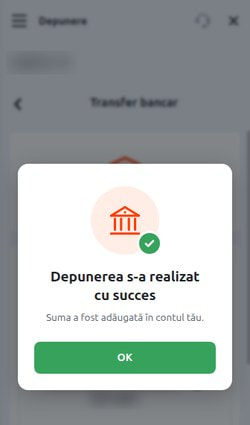 Confirmarea depunerii prin transfer bancar în contul de joc