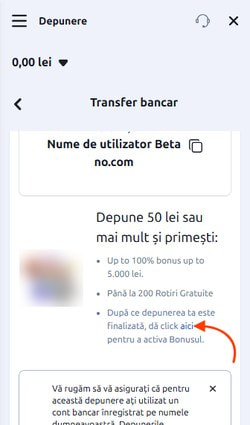 Oferta de bonus la depunerea prin transfer bancar și linkul de activare