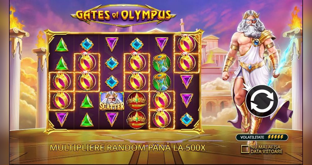 Slot Gates of Olympus de la Pragmatic Play cu Zeus deasupra grilei de 6 role