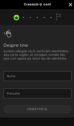 Pasul unu de înregistrare la 888casino care îți cere să completezi pe spațiile libere cu nume și prenume