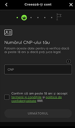Pasul doi de înregistrare la 888casino care îți cere să completezi codul numeric personal