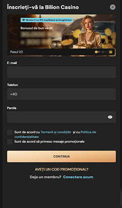 Introducere e-mail, telefon și parolă la Bilion Casino