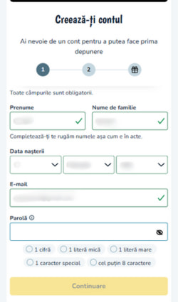Pasul de înregistrare la Vlad Cazino care îți cere să completezi codul numeric personal, adresă și telefon mobil