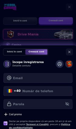 Formularul de înregistrare la Cool Casino
