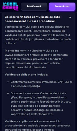 Datele cerute pentru verificarea contului la Cool Casino