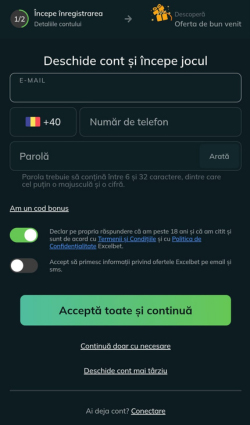 Introducerea adresei de e-mail și a numărului de telefon în formularul de înregistrare Excelbet Casino