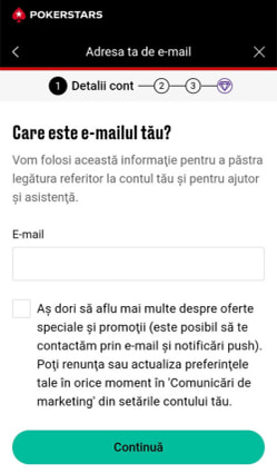 Alege adresa de e-mail pe care o asociezi cu contul tău PokerStars Casino