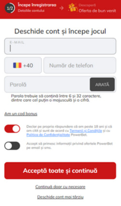 Pasul doi de înregistrare la Powerbet Casino care îți cere să completezi numărul de telefon, e-mailul și să setezi o parolă puternică.